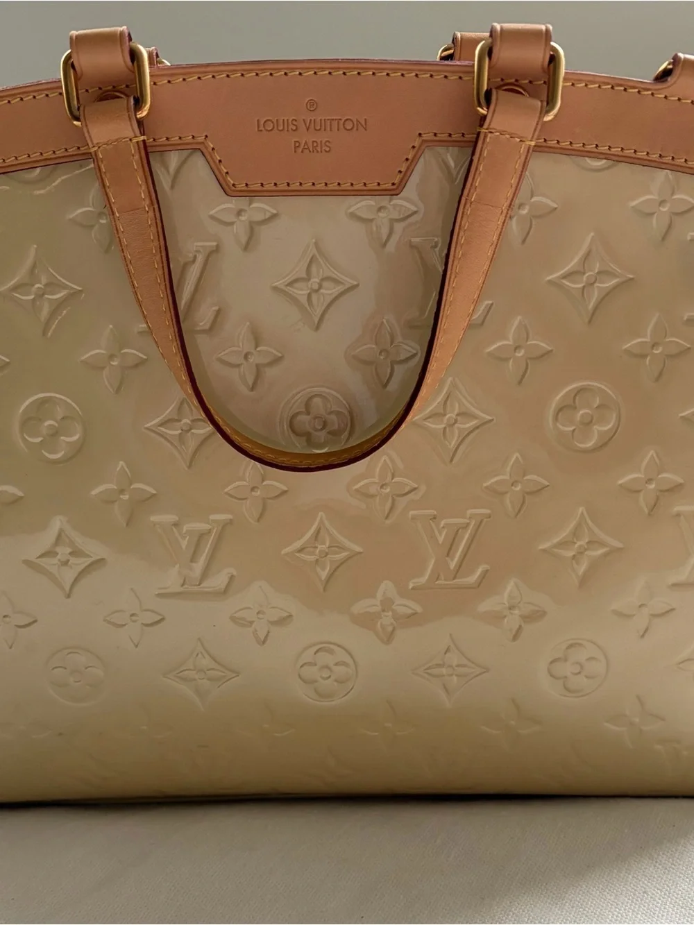 Louis Vuitton Patent Vernis Tote in Beige with Tan Trim